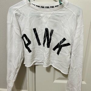 PINK White Cropped Sweatshirt with Black Lettering